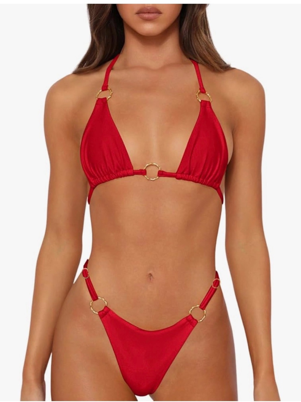 Red Ring-Detail Triangle Bikini — Women Swim